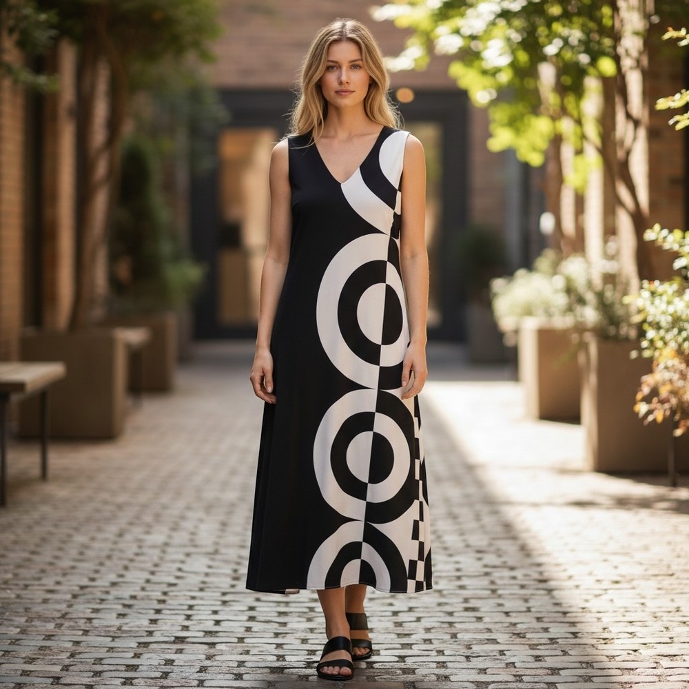 Beulah Style Black White Geometric Circle Print Maxi Dress MC3824 Womens Medium